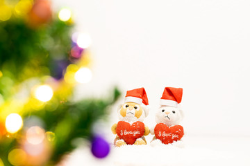 Zwei Teddybären sitzen im Schnee, im Vordergrund ist ein Weihnachtsbaum.