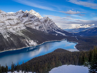 View of Peyto Lake in Banff National Park after the first snow of winter. 