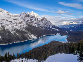 View of Peyto Lake in Banff National Park after the first snow of winter. 