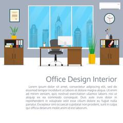 Office room interior banner with space for text. Modern business workspace with office furniture: desk, chair, computer, bookcase, pictures on the wall. Vector illustration. 