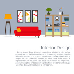 Living room interior. Vector banner with space for text. Modern furniture: sofa, bookshelf, lamp, pictures on the wall. House or apartment interior design. Home inside. Vector illustration.