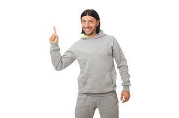 Young man exercising isolated on white background