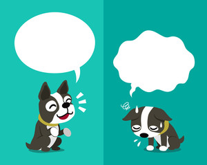 Vector cartoon character cute boston terrier dog expressing different emotions with speech bubbles for design.