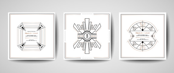Fototapeta premium Art deco luxury wedding Save the Date, invitation cards collection with gold geometric frames. Vector trendy cover, graphic poster, gatsby 1920 brochure, design template