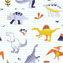 Seamless cute cartoon dinosaurs pattern. Vector baby dino background texture. Backdrop for textile, fabric, wallpaper print