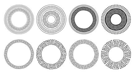 Set of hand drawn round frames. Tribal and geometric decorative design elements. Circle ornaments. Hand drawn clip art.