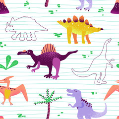 Seamless cute cartoon dinosaurs pattern. Vector baby dino background texture. Backdrop for textile, fabric, wallpaper print