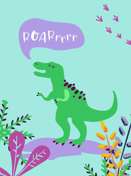 Cute T Rex Dinosaurus for Poster Print, Baby Greetings Illustration, Dino Invitation, Children Dinosaur Store Flyer, Brochure, Book Cover in vector