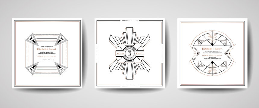 Art deco luxury wedding Save the Date, invitation cards collection with gold geometric frames. Vector trendy cover, graphic poster, gatsby 1920 brochure, design template