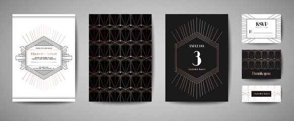 Art deco luxury wedding Save the Date, invitation cards collection with gold geometric frames. Vector trendy cover, graphic poster, gatsby 1920 brochure, design template