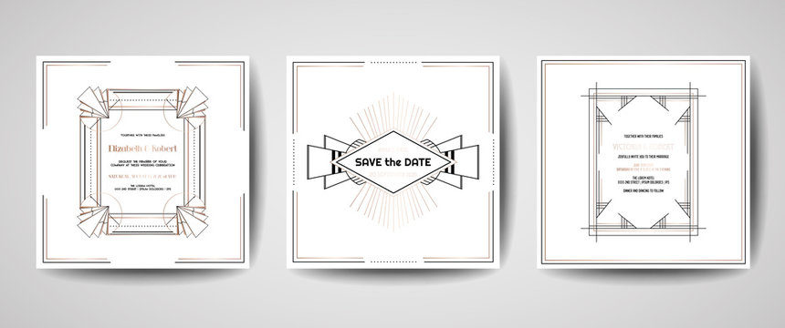 Art deco luxury wedding Save the Date, invitation cards collection with gold geometric frames. Vector trendy cover, graphic poster, gatsby 1920 brochure, design template