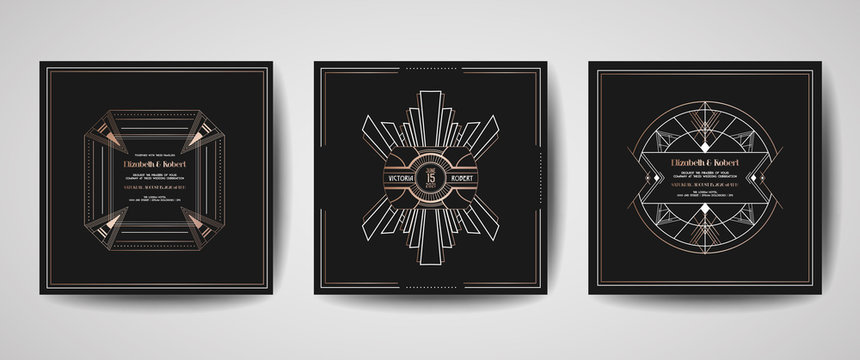 Art deco luxury wedding Save the Date, invitation cards collection with gold geometric frames. Vector trendy cover, graphic poster, gatsby 1920 brochure, design template