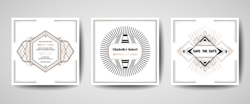Art deco luxury wedding Save the Date, invitation cards collection with gold geometric frames. Vector trendy cover, graphic poster, gatsby 1920 brochure, design template