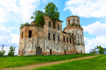 abandoned settlement and beautiful architecture of the abandoned ruins of the Orthodox Church in an abandoned village in Kostroma region