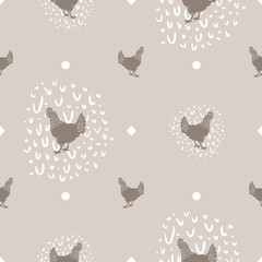 Seamless Vector Modern Farmhouse Chicken and White Egg Polka Dot Print in Tan & Brown