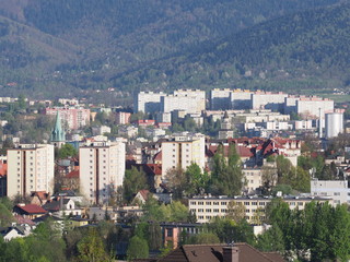 Fototapeta na wymiar Cityscape panorama of european Bielsko-Biala city and countryside landscape at Beskids in POLAND