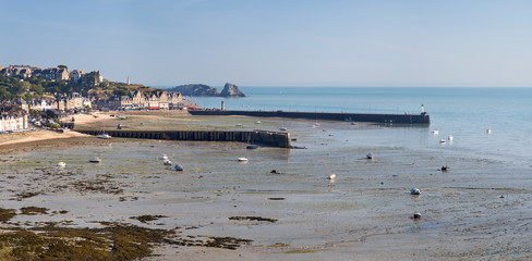 panorama of low tide and boats on the sand in France city