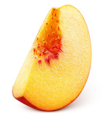Slice of ripe peach fruit isolated on white background. Peach slice with clipping path. Full depth of field.