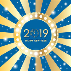 Shining gold circle vintage banner with lights on retro blue and golden background. New Year 2019 concept. Vector illustration