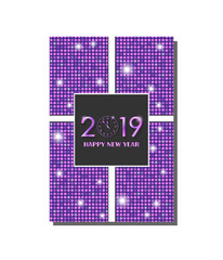 Purple vector vintage gift card design with shining rounds background. New Year 2018 concept. Vector illustration
