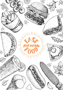 Fast food sketch collection. Vector illustration. Junk food set. Engraved style illustration. Fast food top view frame.