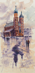 Fototapeta Old town, Kracow, Poland with Miariacki Church in background.Picture created with watercolors. obraz