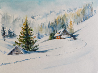 Fototapeta premium Watercolors original painting of winter mountain landscape and houses covered with snow.