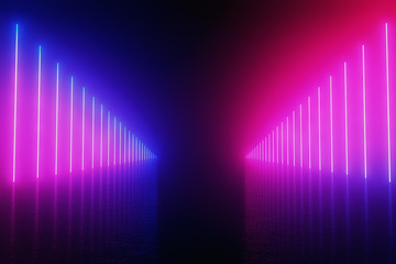 Futuristic Sci-Fi Abstract Blue And Purple Neon Light Shapes On Black Background With Empty Space For Text 3D Rendering Illustration