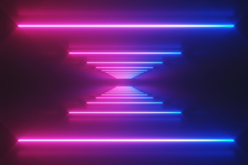 Futuristic Sci-Fi Abstract Blue And Purple Neon Light Shapes On Black Background With Empty Space For Text 3D Rendering Illustration