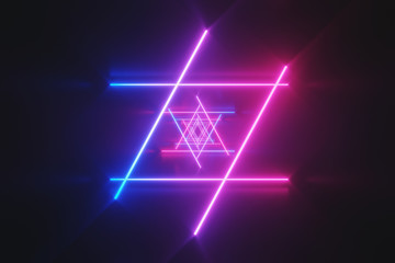 Futuristic Sci-Fi Abstract Blue And Purple Neon Light Shapes On Black Background With Empty Space For Text 3D Rendering Illustration