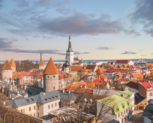Aerial view of Tallinn old town on sunset time. Tallinn, Estonia