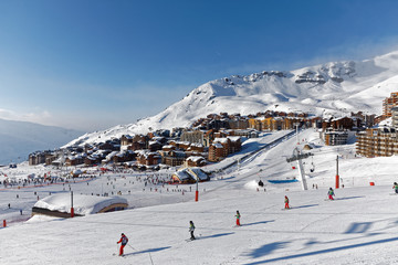 Val Thorens, France - February 27, 2018: Val Thorens is located in the commune of Saint-Martin-de-Belleville in the Savoie département