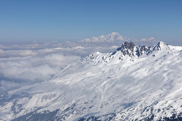 Fototapeta na wymiar Val Thorens, France - February 27, 2018: Mont blanc viewed from Val Thorens resort