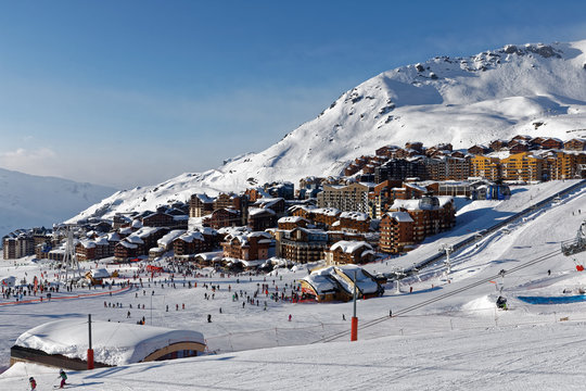 Val Thorens, France - February 27, 2018: Val Thorens is located in the commune of Saint-Martin-de-Belleville in the Savoie département