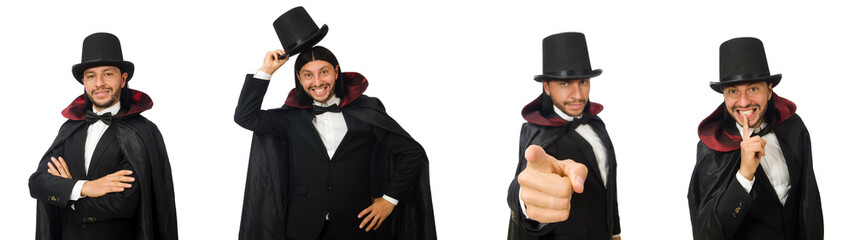 Man magician isolated on white