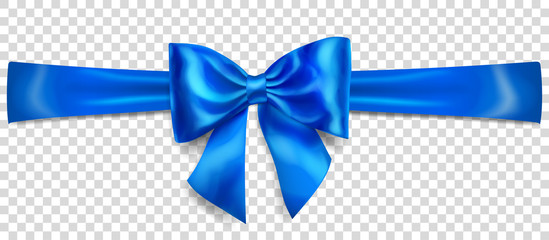 Beautiful blue bow with horizontal ribbon with shadow on transparent background