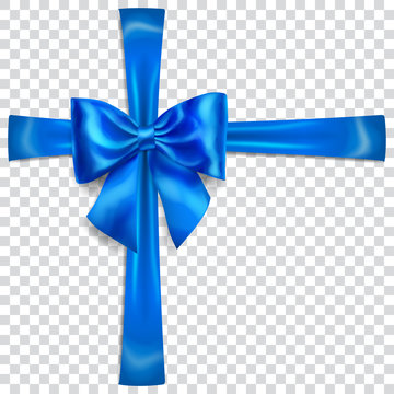 Beautiful blue bow with crosswise ribbons with shadow on transparent background