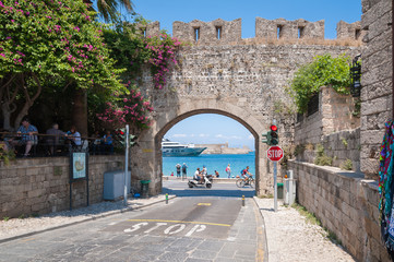 Medieval gate and city fortification walls. Rhodes, Old Town, Island of Rhodes, Greece, Europe.