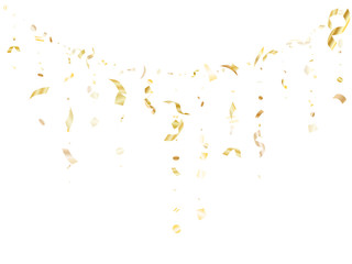 Holiday realistic gold confetti flying on black background.
