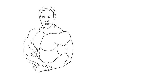 Animated sketch vector self drawing doodle attractive male body builder flexing muscles posing competition drawn in black changes to color illustration