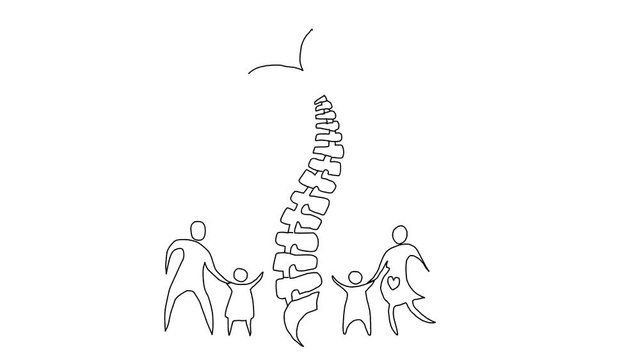 Animated sketch vector drawing doodle of chiropractor business logo of happy healthy family with spine shaped like palm tree drawn in black changes to color illustration