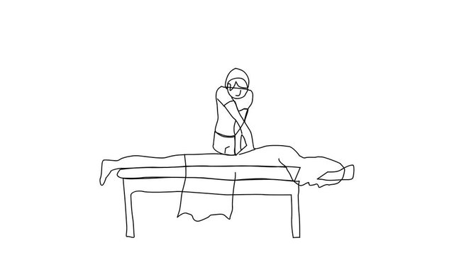 Animated sketch vector drawing doodle chiropractor stretching massaging patients back spine drawn in black changes to color illustration