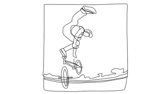 Animated sketch vector self drawing doodle BMX stunt biking tricks drawn in black changes to color illustration