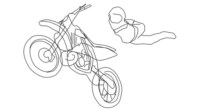 Animated sketch vector self drawing doodle motocross stunt jumping tricks drawn in black changes to color illustration