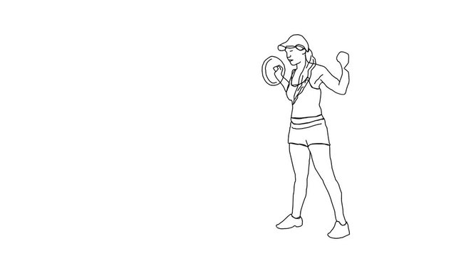 Animated sketch vector drawing doodle Asian female lifting barbell squats drawn in black changes to color illustration