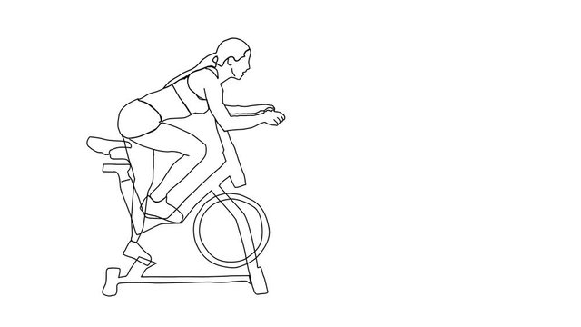 Animated sketch vector drawing doodle female stationary bike exercise drawn in black changes to color illustration