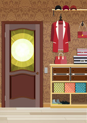 Illustration of an interior of a dressing room with clothes and an entrance door.