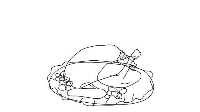 Animated sketch vector self drawing doodle Thanksgiving day cooked stuffed turkey dinner drawn in black changes to color illustration