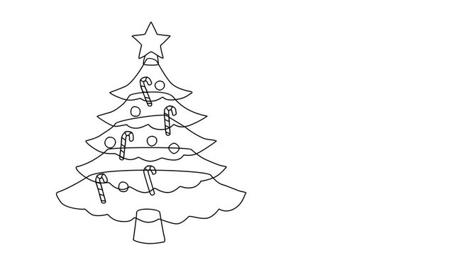 Animated sketch vector self drawing doodle Christmas tree with candy canes drawn in black changes to color illustration