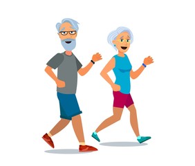 Senior age couple running. Cool vector flat character design on elderly man and woman jogging.